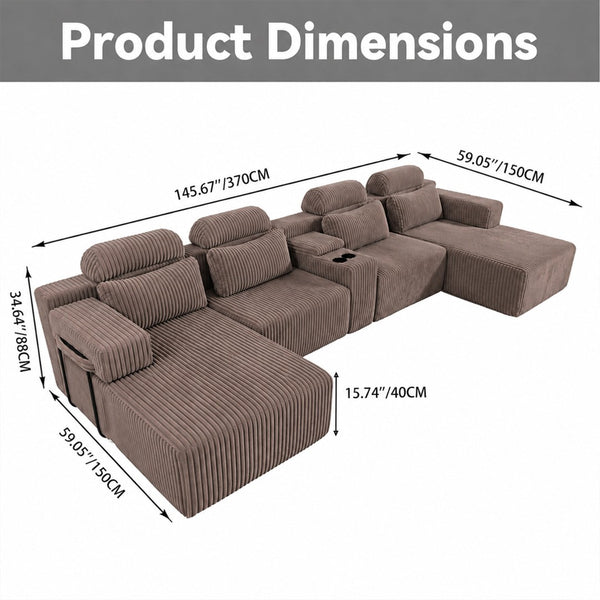 English Elm Modern Corduroy U-Shaped Sectional Six Seat Modular Sofa with Built-In Storage Console W5156S00007