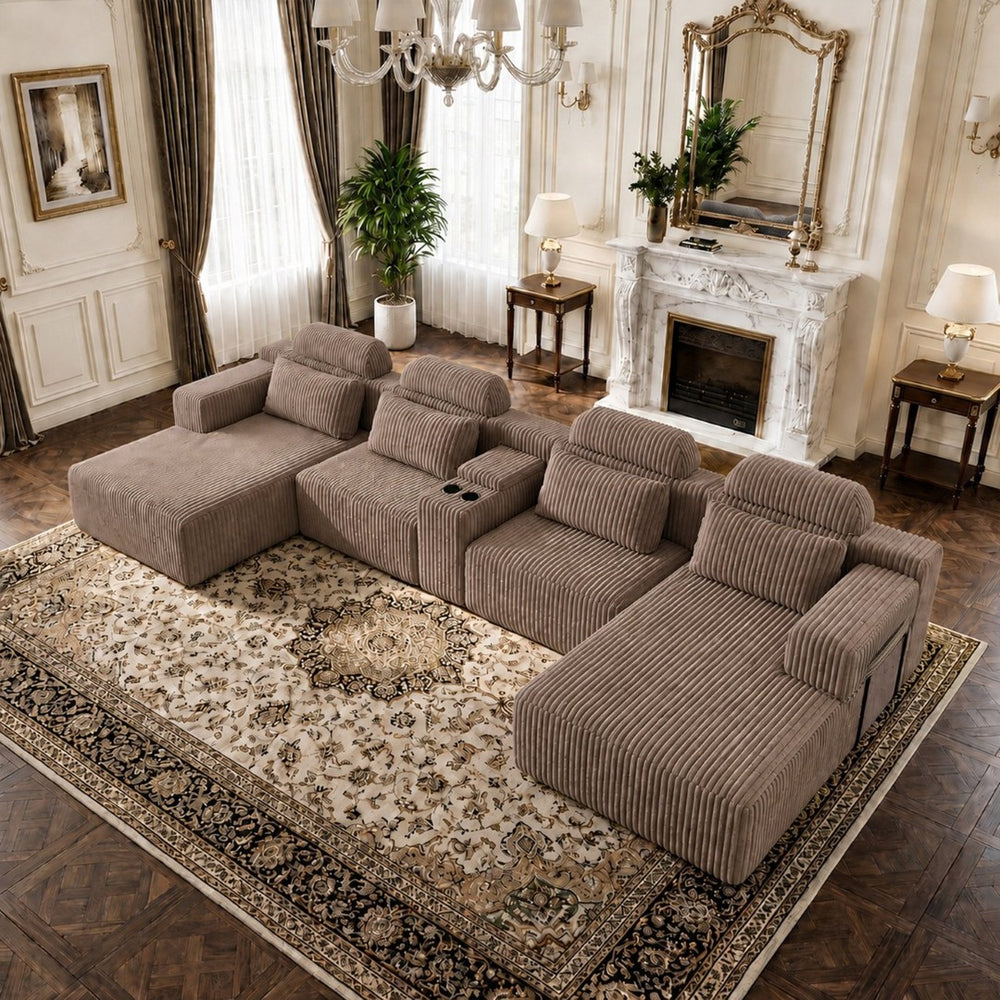 English Elm Modern Corduroy U-Shaped Sectional Six Seat Modular Sofa with Built-In Storage Console W5156S00007