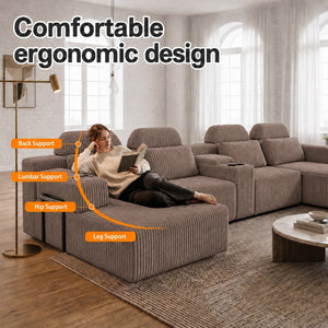 English Elm Modern Corduroy U-Shaped Sectional Six Seat Modular Sofa with Built-In Storage Console W5156S00007