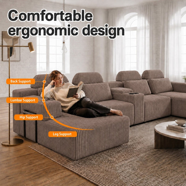 English Elm Modern Corduroy U-Shaped Sectional Six Seat Modular Sofa with Built-In Storage Console W5156S00007