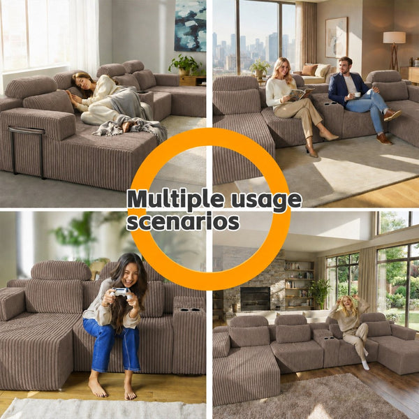 English Elm Modern Corduroy U-Shaped Sectional Six Seat Modular Sofa with Built-In Storage Console W5156S00007