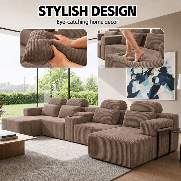 English Elm Modern Corduroy U-Shaped Sectional Six Seat Modular Sofa with Built-In Storage Console W5156S00007