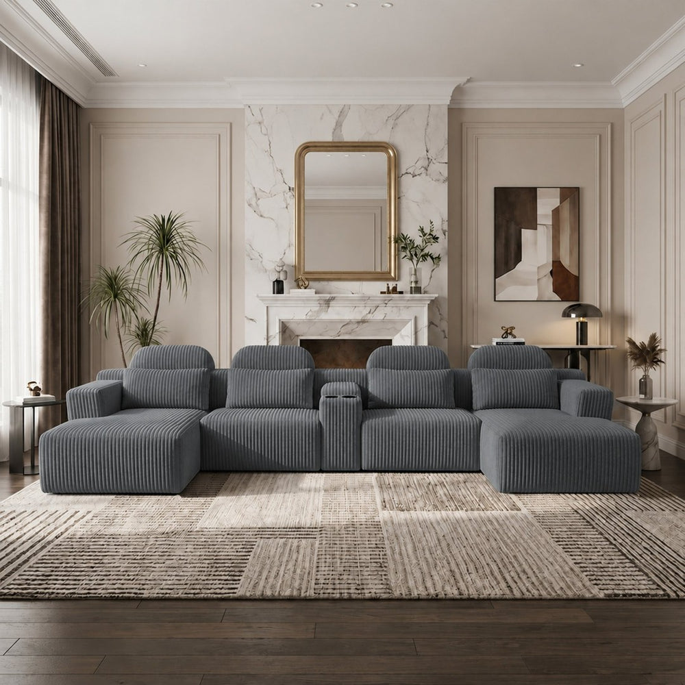 English Elm Modern U-Shaped Corduroy Sectional Sofa with Cup Holders for Spacious Living Rooms W5156S00008