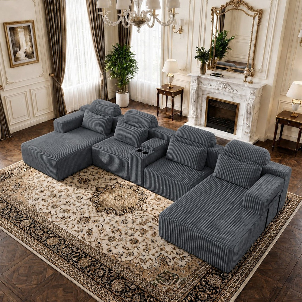 English Elm Modern U-Shaped Corduroy Sectional Sofa with Cup Holders for Spacious Living Rooms W5156S00008