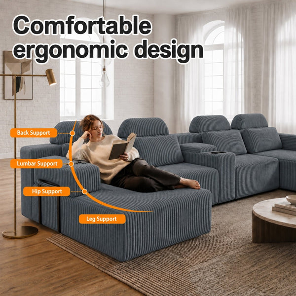 English Elm Modern U-Shaped Corduroy Sectional Sofa with Cup Holders for Spacious Living Rooms W5156S00008