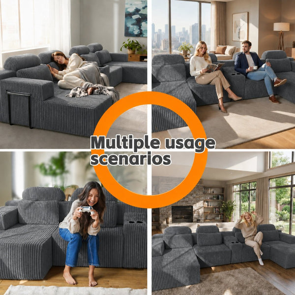 English Elm Modern U-Shaped Corduroy Sectional Sofa with Cup Holders for Spacious Living Rooms W5156S00008