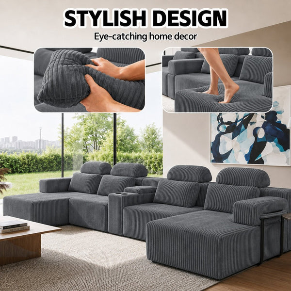 English Elm Modern U-Shaped Corduroy Sectional Sofa with Cup Holders for Spacious Living Rooms W5156S00008