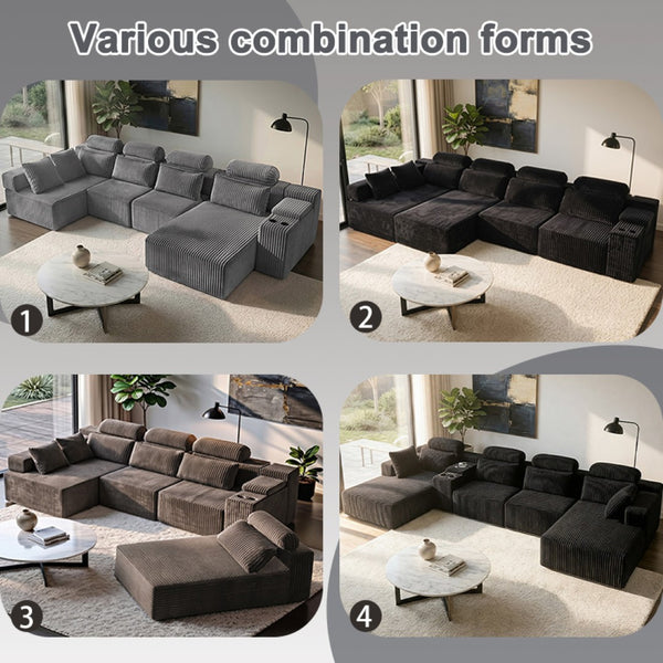 English Elm Modern U-Shaped Corduroy Sectional Sofa with Cup Holders for Spacious Living Rooms W5156S00008