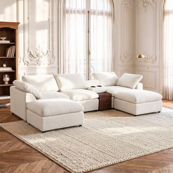 English Elm 126 Inch U-Shaped Chenille Cloud Sectional with Walnut Console Cup Holders Deep Seat White W5156S00009