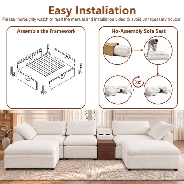 English Elm 126 Inch U-Shaped Chenille Cloud Sectional with Walnut Console Cup Holders Deep Seat White W5156S00009