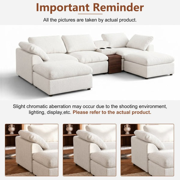 English Elm 126 Inch U-Shaped Chenille Cloud Sectional with Walnut Console Cup Holders Deep Seat White W5156S00009