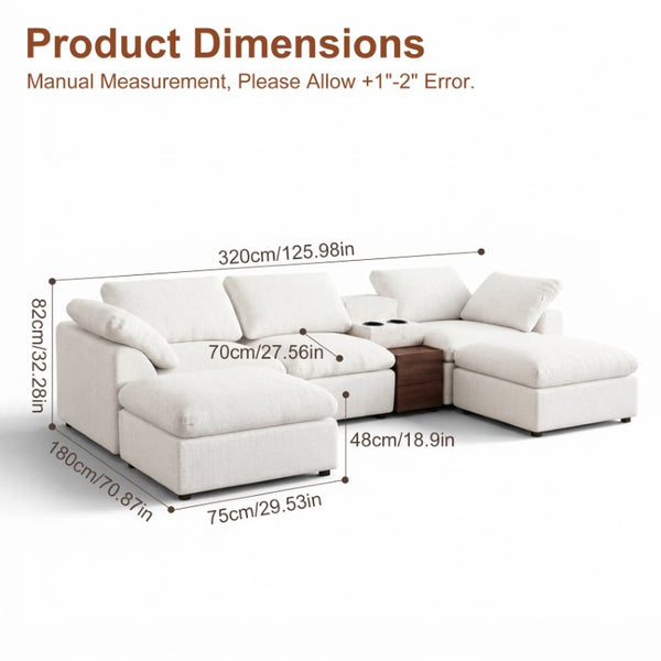 English Elm 126 Inch U-Shaped Chenille Cloud Sectional with Walnut Console Cup Holders Deep Seat White W5156S00009