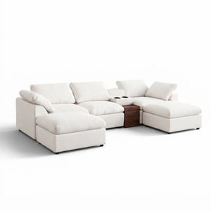 English Elm 126 Inch U-Shaped Chenille Cloud Sectional with Walnut Console Cup Holders Deep Seat White W5156S00009