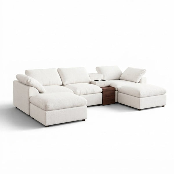 English Elm 126 Inch U-Shaped Chenille Cloud Sectional with Walnut Console Cup Holders Deep Seat White W5156S00009