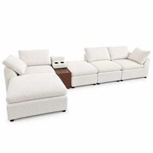 English Elm 126 Inch U-Shaped Chenille Cloud Sectional with Walnut Console Cup Holders Deep Seat White W5156S00009