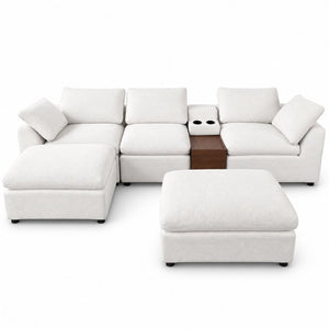 English Elm 126 Inch U-Shaped Chenille Cloud Sectional with Walnut Console Cup Holders Deep Seat White W5156S00009