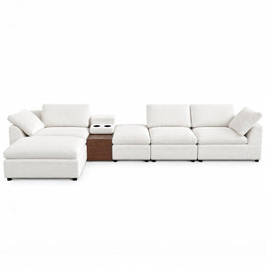 English Elm 126 Inch U-Shaped Chenille Cloud Sectional with Walnut Console Cup Holders Deep Seat White W5156S00009