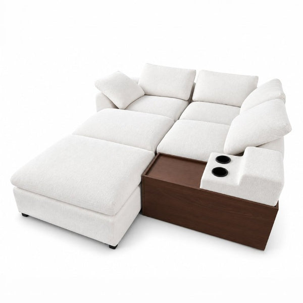 English Elm 126 Inch U-Shaped Chenille Cloud Sectional with Walnut Console Cup Holders Deep Seat White W5156S00009