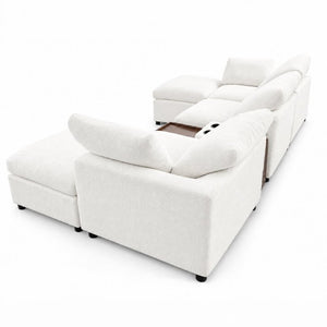 English Elm 126 Inch U-Shaped Chenille Cloud Sectional with Walnut Console Cup Holders Deep Seat White W5156S00009