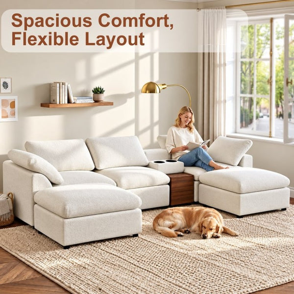 English Elm 126 Inch U-Shaped Chenille Cloud Sectional with Walnut Console Cup Holders Deep Seat White W5156S00009