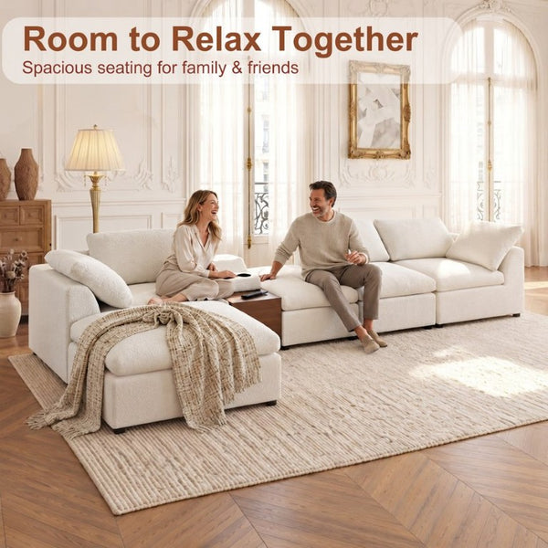 English Elm 126 Inch U-Shaped Chenille Cloud Sectional with Walnut Console Cup Holders Deep Seat White W5156S00009