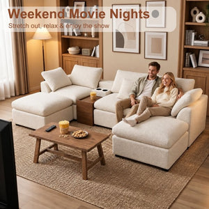 English Elm 126 Inch U-Shaped Chenille Cloud Sectional with Walnut Console Cup Holders Deep Seat White W5156S00009