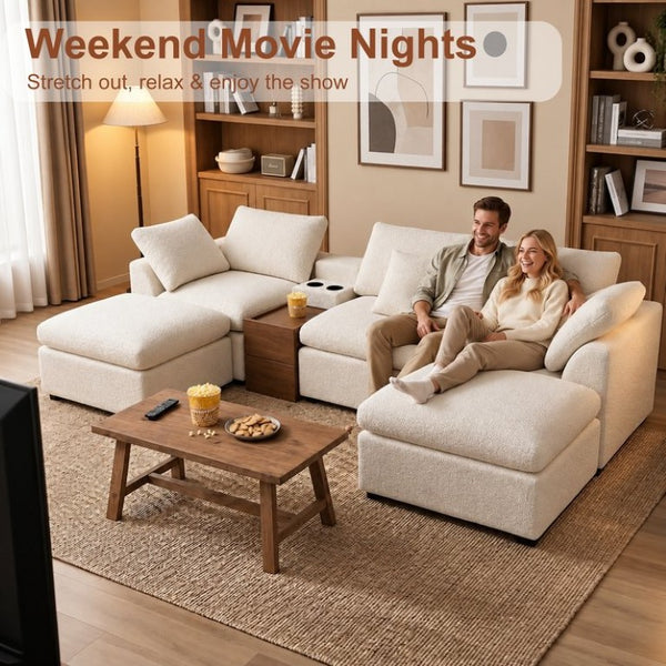 English Elm 126 Inch U-Shaped Chenille Cloud Sectional with Walnut Console Cup Holders Deep Seat White W5156S00009