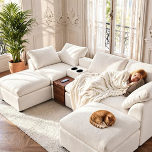 English Elm 126 Inch U-Shaped Chenille Cloud Sectional with Walnut Console Cup Holders Deep Seat White W5156S00009