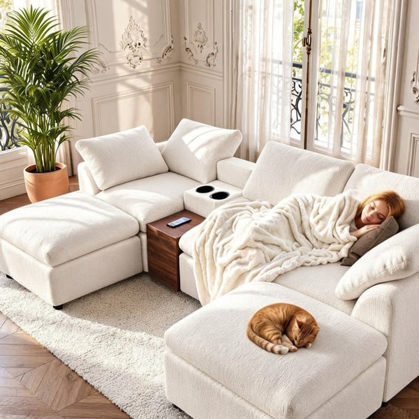 English Elm 126 Inch U-Shaped Chenille Cloud Sectional with Walnut Console Cup Holders Deep Seat White W5156S00009