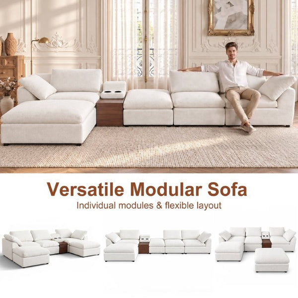 English Elm 126 Inch U-Shaped Chenille Cloud Sectional with Walnut Console Cup Holders Deep Seat White W5156S00009