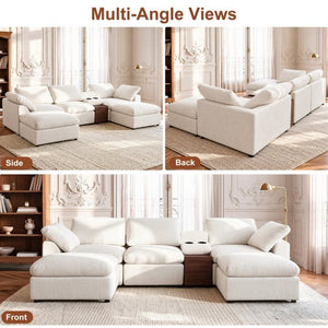 English Elm 126 Inch U-Shaped Chenille Cloud Sectional with Walnut Console Cup Holders Deep Seat White W5156S00009
