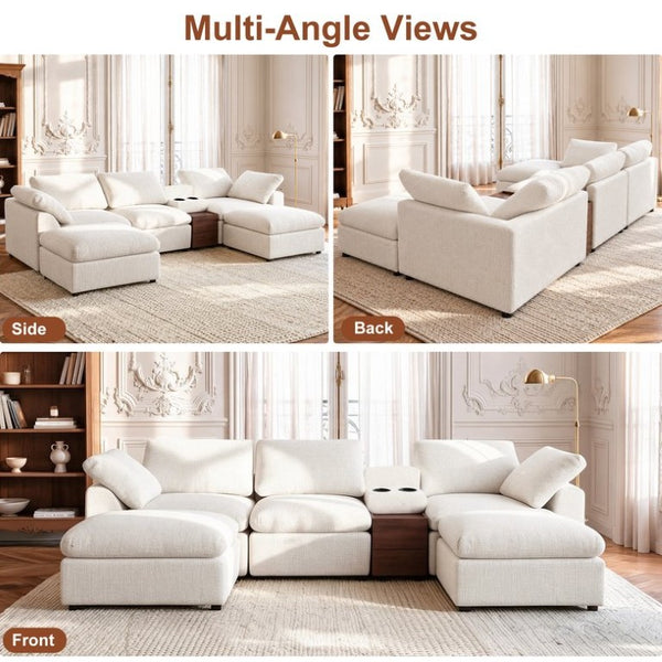 English Elm 126 Inch U-Shaped Chenille Cloud Sectional with Walnut Console Cup Holders Deep Seat White W5156S00009