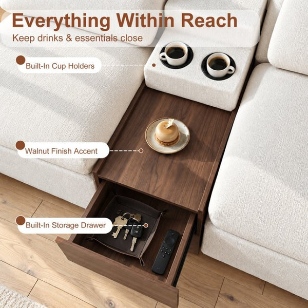 English Elm 126 Inch U-Shaped Chenille Cloud Sectional with Walnut Console Cup Holders Deep Seat White W5156S00009