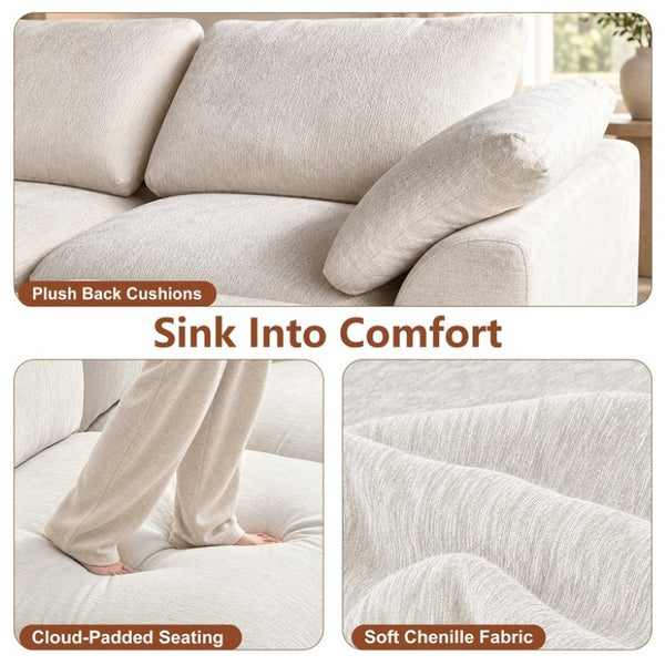 English Elm 126 Inch U-Shaped Chenille Cloud Sectional with Walnut Console Cup Holders Deep Seat White W5156S00009