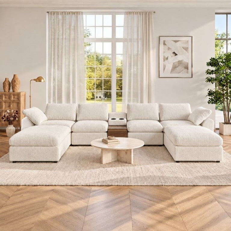 English Elm 155 Inch Modular U Shaped Chenille Sectional Sofa with Console and Dual Ottomans White W5156S00010