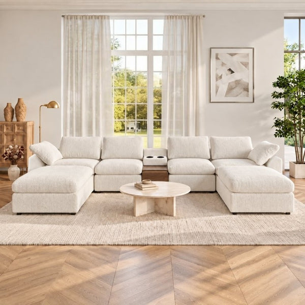 English Elm 155 Inch Modular U Shaped Chenille Sectional Sofa with Console and Dual Ottomans White W5156S00010
