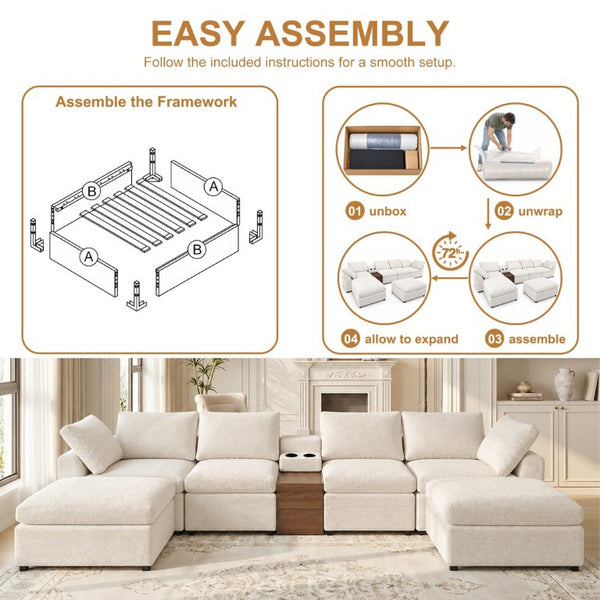 English Elm 155 Inch Modular U Shaped Chenille Sectional Sofa with Console and Dual Ottomans White W5156S00010