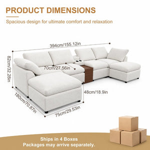 English Elm 155 Inch Modular U Shaped Chenille Sectional Sofa with Console and Dual Ottomans White W5156S00010