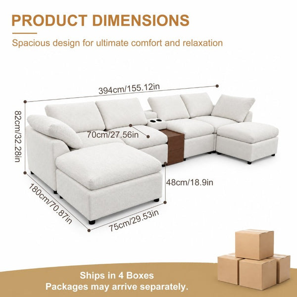 English Elm 155 Inch Modular U Shaped Chenille Sectional Sofa with Console and Dual Ottomans White W5156S00010