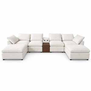 English Elm 155 Inch Modular U Shaped Chenille Sectional Sofa with Console and Dual Ottomans White W5156S00010