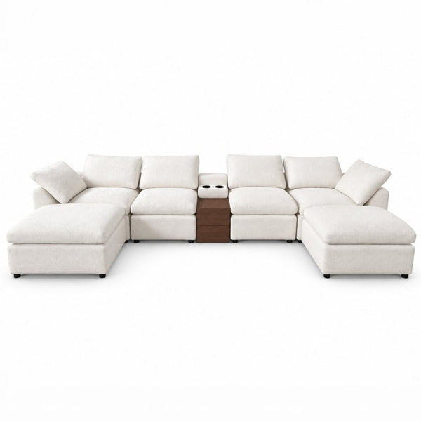English Elm 155 Inch Modular U Shaped Chenille Sectional Sofa with Console and Dual Ottomans White W5156S00010