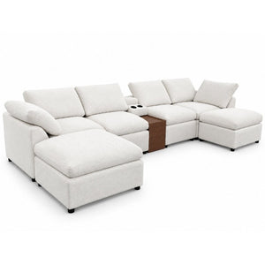 English Elm 155 Inch Modular U Shaped Chenille Sectional Sofa with Console and Dual Ottomans White W5156S00010