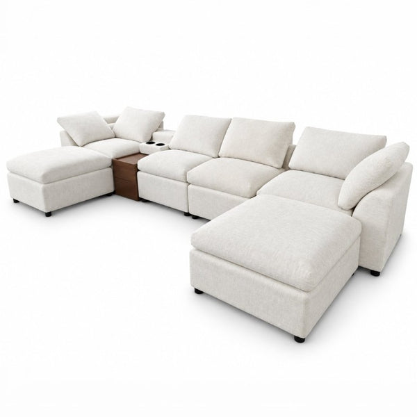 English Elm 155 Inch Modular U Shaped Chenille Sectional Sofa with Console and Dual Ottomans White W5156S00010