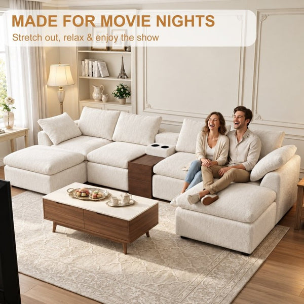 English Elm 155 Inch Modular U Shaped Chenille Sectional Sofa with Console and Dual Ottomans White W5156S00010