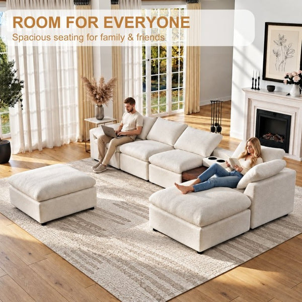 English Elm 155 Inch Modular U Shaped Chenille Sectional Sofa with Console and Dual Ottomans White W5156S00010