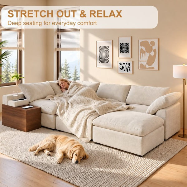 English Elm 155 Inch Modular U Shaped Chenille Sectional Sofa with Console and Dual Ottomans White W5156S00010