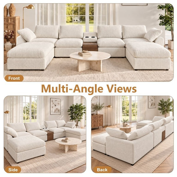 English Elm 155 Inch Modular U Shaped Chenille Sectional Sofa with Console and Dual Ottomans White W5156S00010