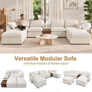 English Elm 155 Inch Modular U Shaped Chenille Sectional Sofa with Console and Dual Ottomans White W5156S00010