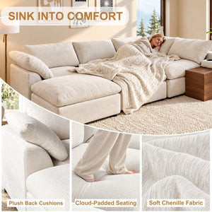 English Elm 155 Inch Modular U Shaped Chenille Sectional Sofa with Console and Dual Ottomans White W5156S00010