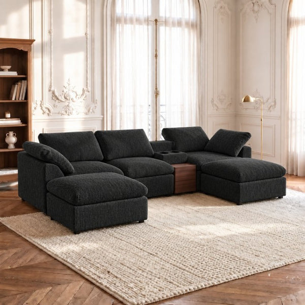 English Elm 126 Inch U-Shaped Chenille Cloud Sectional with Walnut Console Cup Holders Deep Seat Black W5156S00011